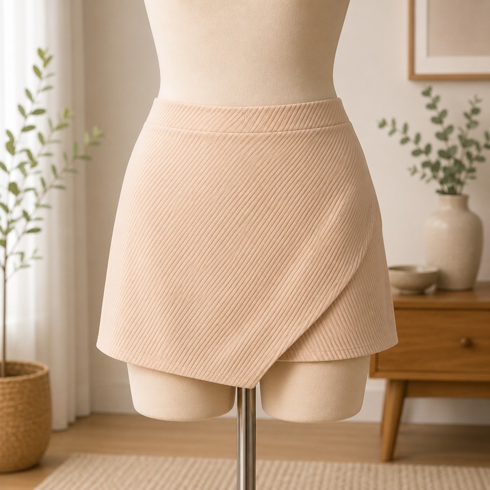NWT‎ Cupshe Mini Skirt Womens XL Beige Ribbed Corduroy Wrap Front Tulip Hem